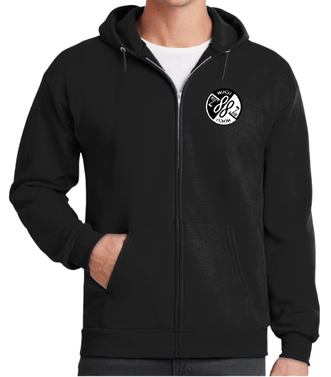 A mockup of the front of a black full zip hoodie with the WJCU logo to the left of the zipper