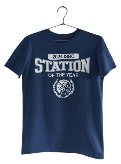 A mockup of the front of a T-shirt made of dark blue fabric with the text 