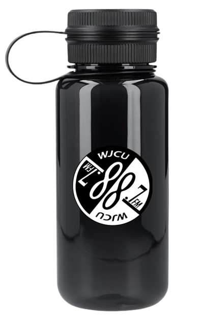 A mockup of a black plastic water bottle with the WJCU logo on it